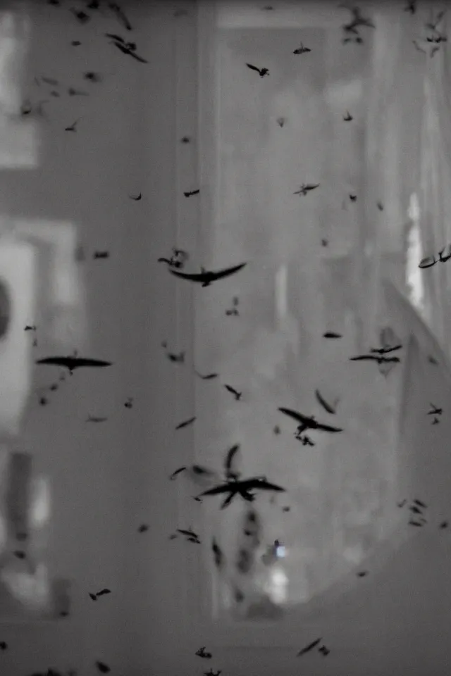 Image similar to insane priest staring at flies on a window, film still from a horror movie, 4k