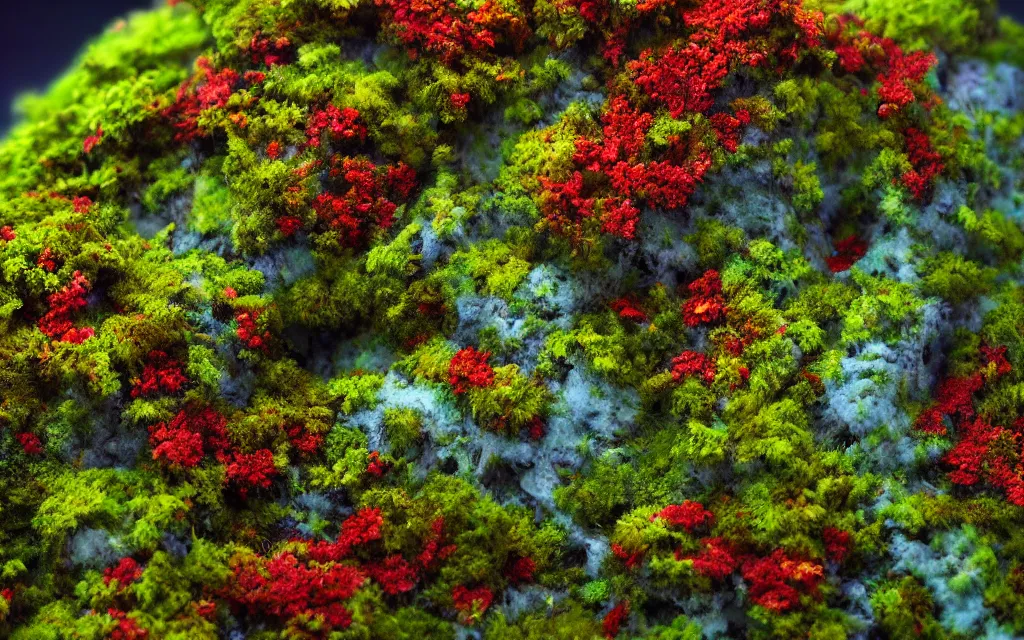 Image similar to a beautiful macro photography of green moss lichens floral with alien fungus, hyper detailed, Zoom extreme close up ,warm volumetric lights , made by Gerald Brom and Mike Winkelmann, trending on art station