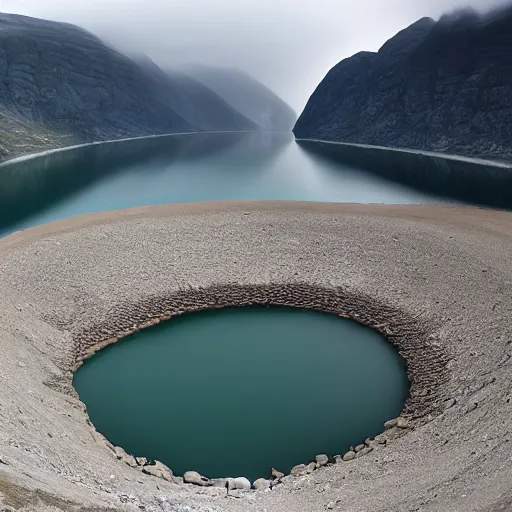 Image similar to a fjord in kazakhstan with a large satanic damn at the end of it. grainy, surreal, overcast sky.