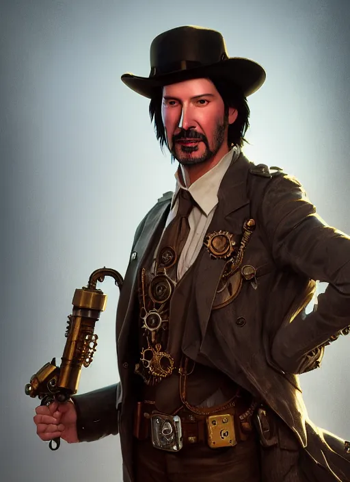 Prompt: hyper realistic photography portrait of steampunk sherif, keanu reeves, smile, cinematic, vallejo, craig mullins, greg rutkowski, adam fisher, rodrigue pralier, artstation, cgsociety, epic lighting, octane render, film still, unreal