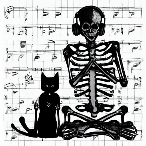 Image similar to skeleton wearing headphones watching girl playing guitar with her black cat standing next to her, digital art