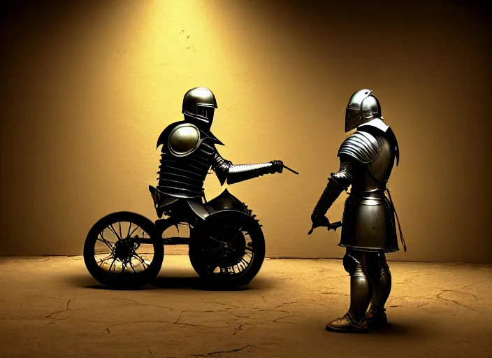 Image similar to knight in armor in a motorcycle dirt helmetin a wheelchair do tricks & watch old tv, rome, highly detailed, soft lighting, elegant, by edward hopper and james gillard, zdislaw beksinski, stephen outram, andreas m wiese, highly detailed, masterpiece. fashion studio lighting. edward _ hopp, unreal 6, 8 k