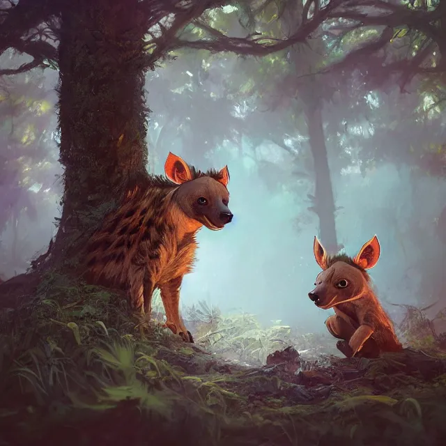 Prompt: a beautiful painting of a cute brown hyena in a forest. disney character design by cory loftis, fenghua zhong, ryohei hase, ismail inceoglu and ruan jia. artstation, volumetric light, detailed, photorealistic, rendered in octane