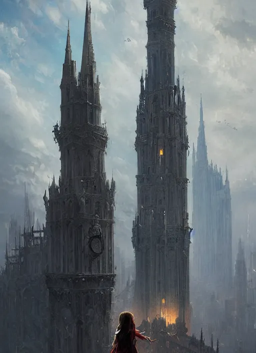 Prompt: a girl stands atop the tallest spire in a gothic fantasy city. beautiful painting by greg rutkowski