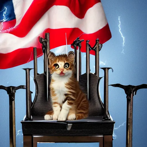 Image similar to burning kitten sitting on thrones of swords, lightning striking around, american flag in background