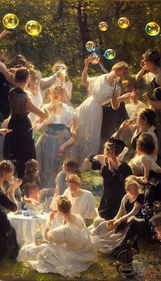 Prompt: painting of midsummer party with bubbles, by Peder Krøyer, dramatic lighting, volumetric lighting, golden hour, epic, intricate detail, canvas print