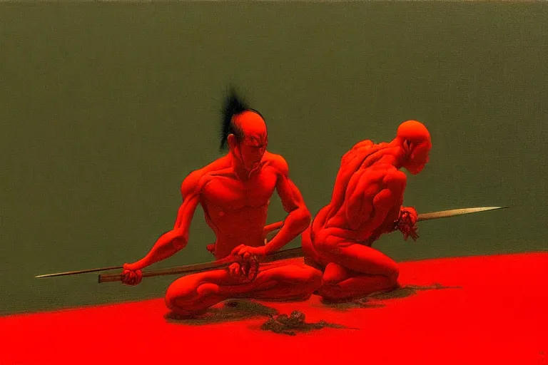 Image similar to only with red, a red samurai do seppuku, tokio, a lot of frogs watch, in the style of beksinski, parts by edward hopper, parts by rodcenko, parts by yue minjun, intricate and epic composition, red by caravaggio, insanely quality, highly detailed, masterpiece, red light, artstation, 4 k