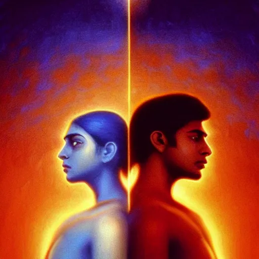 Image similar to perfectly - centered movie promotional poster - photograph of a young indian guy and a beautiful girl side profile faces symmetrical ; real life portrait by beksinski and jean delville, romantic theme, two lovers sharing one heart, unreal engine 5, photorealism, hd quality, 8 k resolution, cinema 4 d, hdr dramatic lighting ; symmetrical, cinematic, high coherence