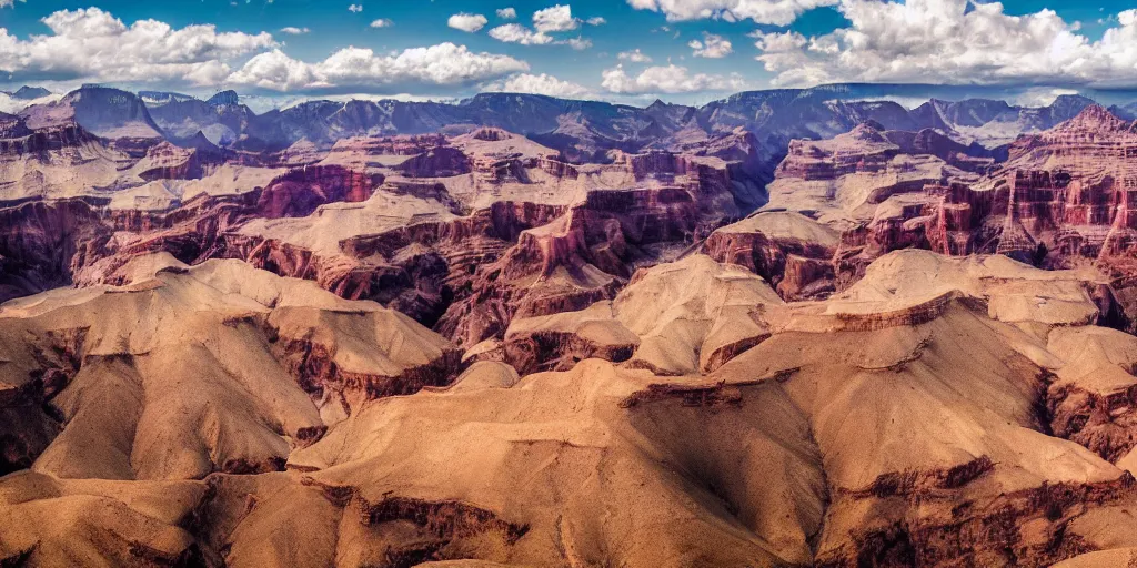 Image similar to drone shot photo of a landscape with mountains and grand canyons, wallpaper, very very wide shot, warm, national geographic, award landscape photography, professional landscape photography, sunny, day time, beautiful