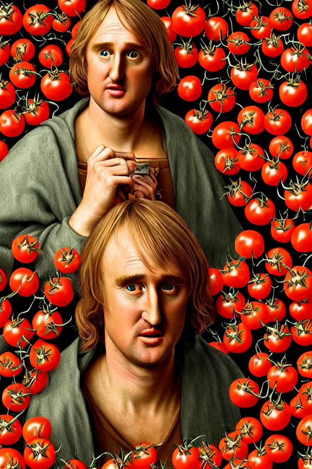 Prompt: bizarre renaissance portrait of owen wilson in a sea of thousands of highly detailed tomatos, dramatic cinematic lighting, 8 k, beautiful intricate pop - art painting