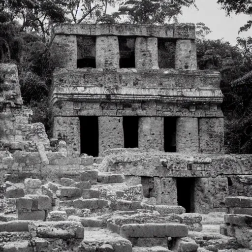 Image similar to explorer observing the ruins of an ancient Mayan city covered by jungle in a humid environment with medium light, humid atmosphere, minimalist art, reslist