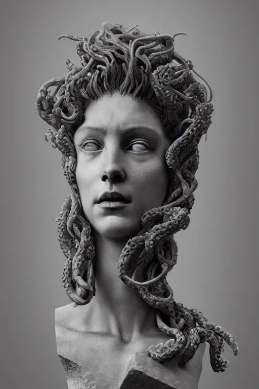 Prompt: A portrait of medusa as a stone statue by Greg Rutkowski, Sung Choi, Mitchell Mohrhauser, Maciej Kuciara, Johnson Ting, Maxim Verehin, Peter Konig, Bloodborne , 8k photorealistic, cinematic lighting, HD, high details, dramatic, atmospheric , trending on artstation