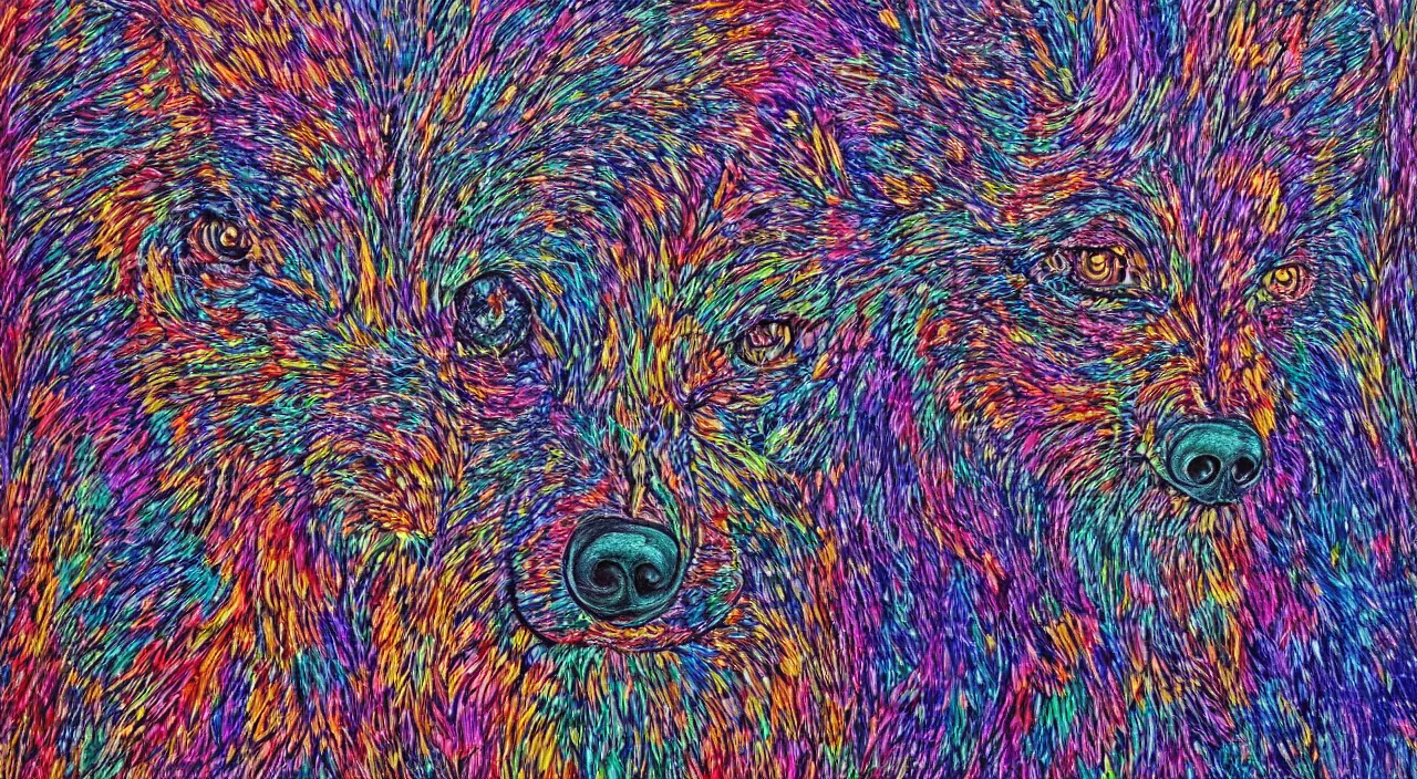 Prompt: an ultrafine detailed psychedelic painting of a werewolf made of beads and silver