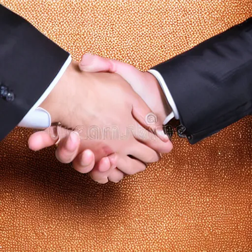 Prompt: two businessmen shaking hands while wearing gold patek philippe and diamond rings, close up, stock photography, detailed, macro