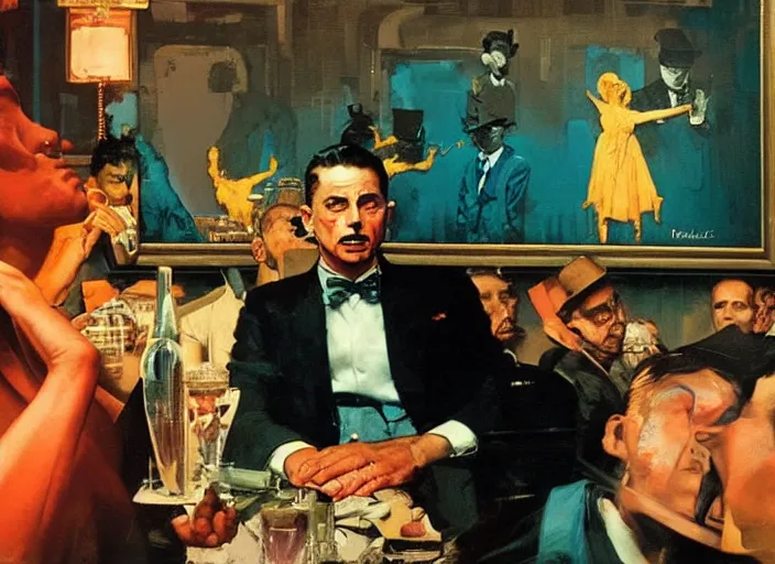 Image similar to a still from the movie godfather by of francis bacon and norman rockwell and james jean, a still from avenger : endgame, mark brooks, triadic color scheme, by greg rutkowski, syd mead and edward hopper and norman rockwell and beksinski, dark surrealism, orange and turquoise and purple