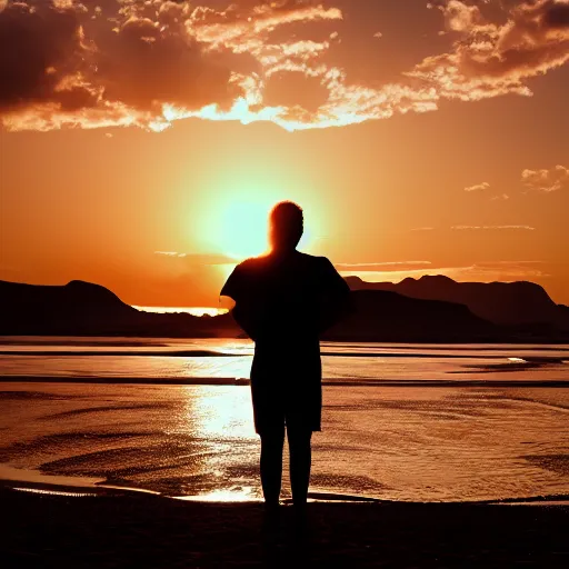 Prompt: Silhoutte of a person on the beach, sunrise, ray tracing