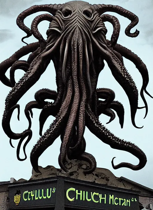 Image similar to cthulhu standing on top off mc donalds, cthulhu, mcdonalds, eldritch