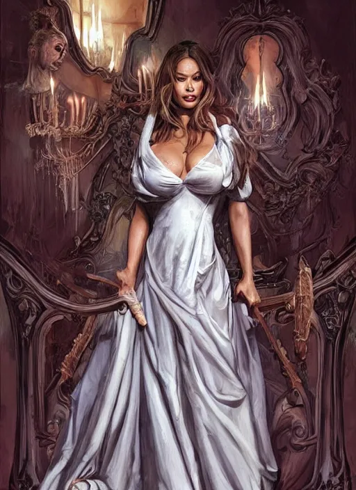 Image similar to sofia vergara as a heroine with a dress inspired by american horror story, holding her chest pushing her bosum together, digital painting, artstation, concept art, smooth, sharp focus, illustration, in - frame, centered, art by artgerm and donato giancola and joseph christian leyendecker, ross tran, wlop