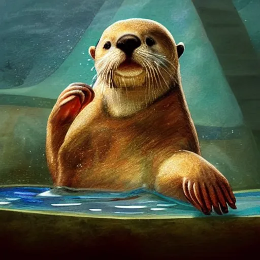Prompt: anthropomorphic otter in a greek art style sitting in a pool of water, traditional painting, soft lighting, beautiful