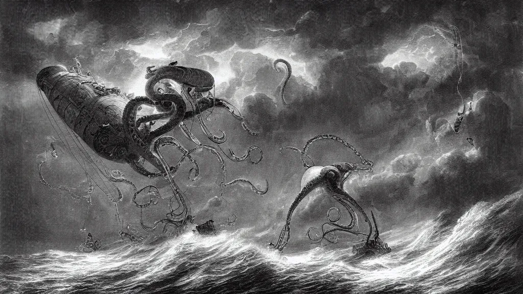 Image similar to drawing of an octopus attacking an airship above a stormy ocean, by gustave dore, nineteenth century, black and white, vintage, science fiction, epic composition, dramatic lighting, highly detailed