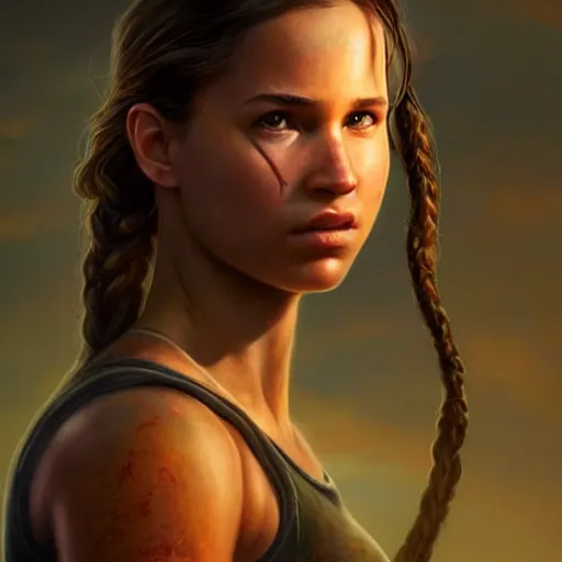 Image similar to realistic young Lara Croft portrait, atmospheric lighting, painted, intricate, volumetric lighting, beautiful, rich deep colors masterpiece, golden hour, sharp focus, ultra detailed, by Leesha Hannigan, Ross Tran, Thierry Doizon, Kai Carpenter, Ignacio Fernández Ríos