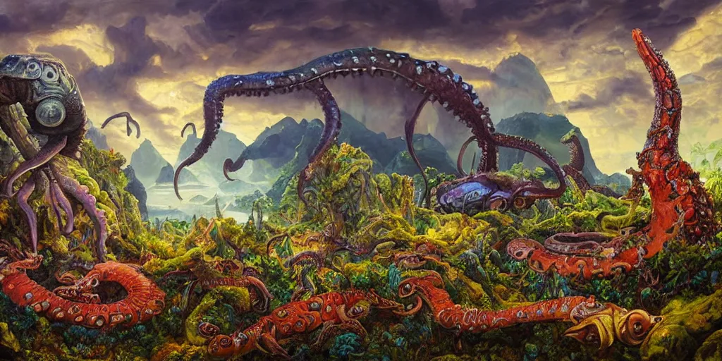 Image similar to fantasy oil painting, great leviathan, cybernetic turtle cephalopod terrapin reptilian pachyderm squid, bella hadid, hybrid, milla jovovich, anubis, epic natural light, lush plants flowers, spectacular mountains, bright clouds, luminous sky, outer worlds, golden hour, michael cheval, edward hopper, michael whelan, vray, hd