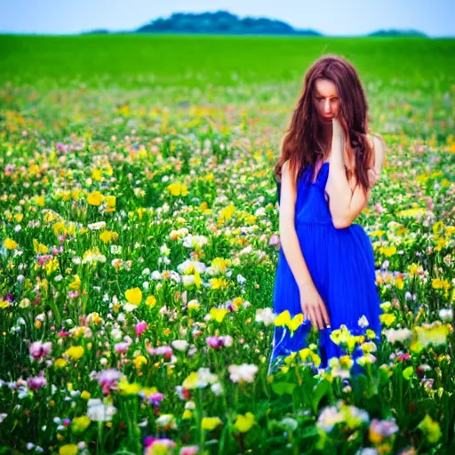 Prompt: a beautiful girl was standing in a field of kaorama flowers
