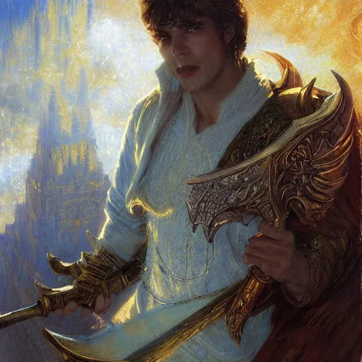 Image similar to attractive male deity casts light spell, summons attractive male lucifer morningstar. highly detailed painting by gaston bussiere, craig mullins, j. c. leyendecker 8 k