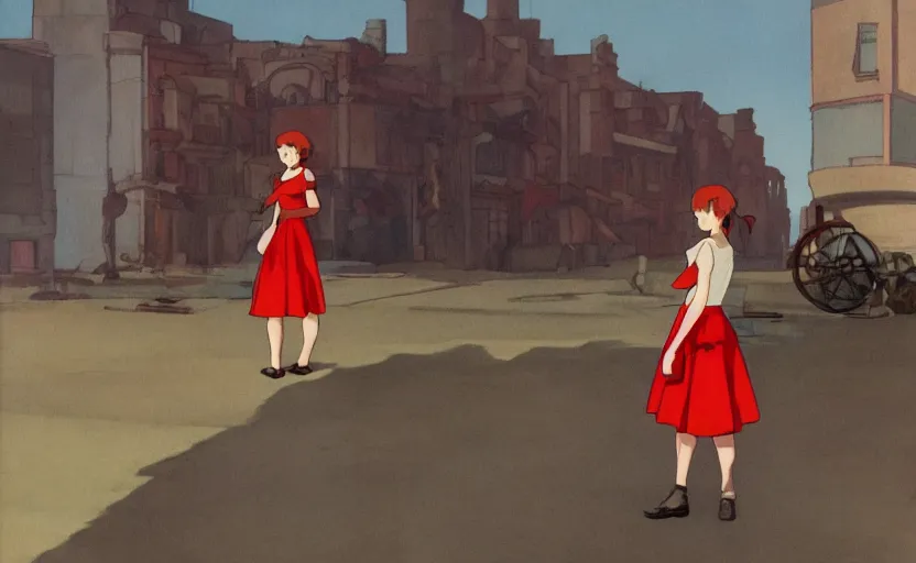 Image similar to a girl with a red skirt on the background of a ruined city, early morning, dieselpunk, by Studio Ghibli and Edward Hopper