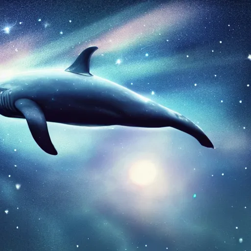 Image similar to portrait of space whale swimming on a dark night sky in space, flying across the universe, oniric, dreamy, beautiful, highly detailed, realistic, cinematic, dynamic composition