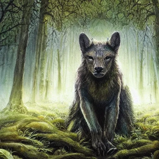 Image similar to A majestic forest creature is staring at the camera, very detailed, cinematic, epic painting in the style of Lord of the Rings