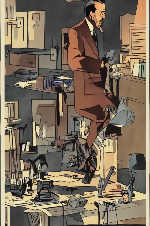 Prompt: color poster of Philip Marlowe at his desk by Mike Mignola and Darwyn Cooke