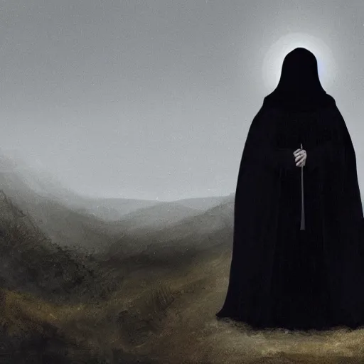 Prompt: a man in a black cloak with no face rising to the sky, full body