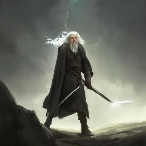 Image similar to gandalf casts a lightningbolt, dramatic lighting, chiaroscuro, high detail, painted by greg rutkowski, painted by igor kieryluk, painted by bobby chiu, trending on artstation