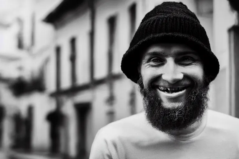 Image similar to still photo of a russian man smiling at the camera on the street, black and white color aesthetic, highly detailed, photorealistic portrait, bright studio setting, studio lighting, crisp quality and light reflections, unreal engine 5 quality render