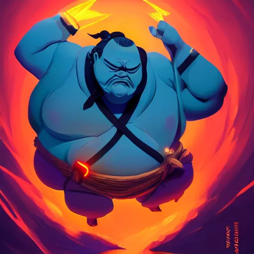 Image similar to a sumo ringe that is also a ninja lightning god with sparkles on the hands, sumo pose, 3d game fanart behance hd by Jesper Ejsing, by RHADS, Makoto Shinkai and Lois van baarle, ilya kuvshinov, rossdraws global illumination, 90s, concept