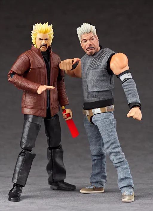 Image similar to star wars black series action figure of guy fieri fighting action figure of tony robbins, pristine toy, extremely detailed