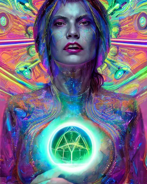 Image similar to a powerful energy psychedelic matrix priestess, by alexander fedosav, hyper detailed digital matte painting, concept art, hyperrealism, 1 6 k resolution, cinema 4 d, 8 k resolution, trending on artstation, behance hd, a masterpiece, by stephan martiniere, particles, cel - shaded, power bright neon energy, by david a. hardy,