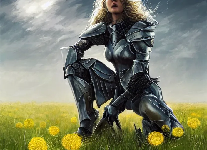 Image similar to a knightess kneeling on a field of dandelions, dramatic, wonderful shading, realistic perfect face, concept art, dynamic pose, digital illustration, trending on artstation, intricate details, epic composition, sharp focus, 8 k uhd, masterpiece, wlop, ross draws