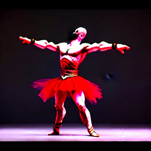 Image similar to kratos dancing ballet, wearing a tutu, ultra realistic, intricate details, highly detailed, photorealistic, octane render, 8 k, unreal engine.