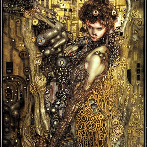 Image similar to cybernetic demon, circuitry, intricate detail, klimt, royo,