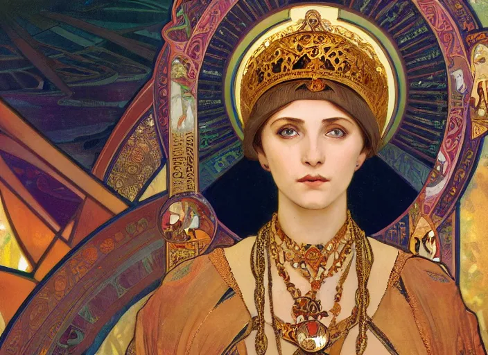 Image similar to byzantine empress theodora the first, art nouveau artwork masterpiece, by Alphonse Mucha, Adolfo Hohenstein, Stanley Artgerm Lau, Greg Rutkowski, Thomas Kindkade, trending on artstation, 4k, smooth, sharp focus