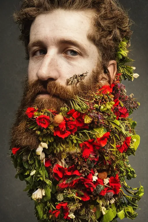 Image similar to an Irish man's face in profile, long beard, made of flowers and fruit, in the style of the Dutch masters and Gregory crewdson, dark and moody