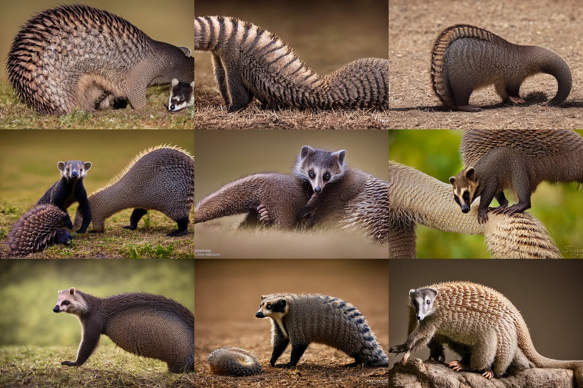 Prompt: cross between a coatimundi and a pangolin, nature photography, dramatic lighting,