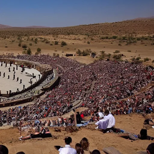 Prompt: anthropomorphic gladiators arena fighting for life with a crowd of spectators, duunes desert