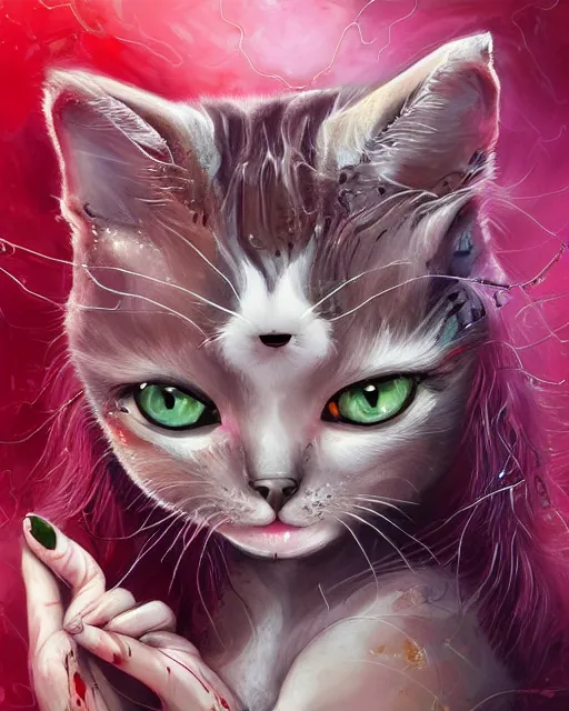 Image similar to a cute bloody kitty cat played by kate bckinsale, created by antonio j. manzanedo, giger, alex grey, android jones, wayne barlowe, philippe druillet, raymond swanland, cyril rolando, josephine wall, harumi hironaka, trending on artstation