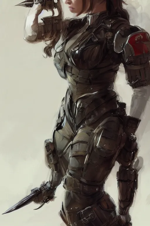 Image similar to a professionally painted portrait of an attractive young woman, clothed in military armor, olive skin, long dark hair, beautiful bone structure, symmetrical facial features, intricate, elegant, digital painting, trending on Artstation, concept art, smooth, sharp focus, illustration, from Metal Gear by Ruan Jia and Mandy Jurgens and Artgerm and William-Adolphe Bouguerea, award winning