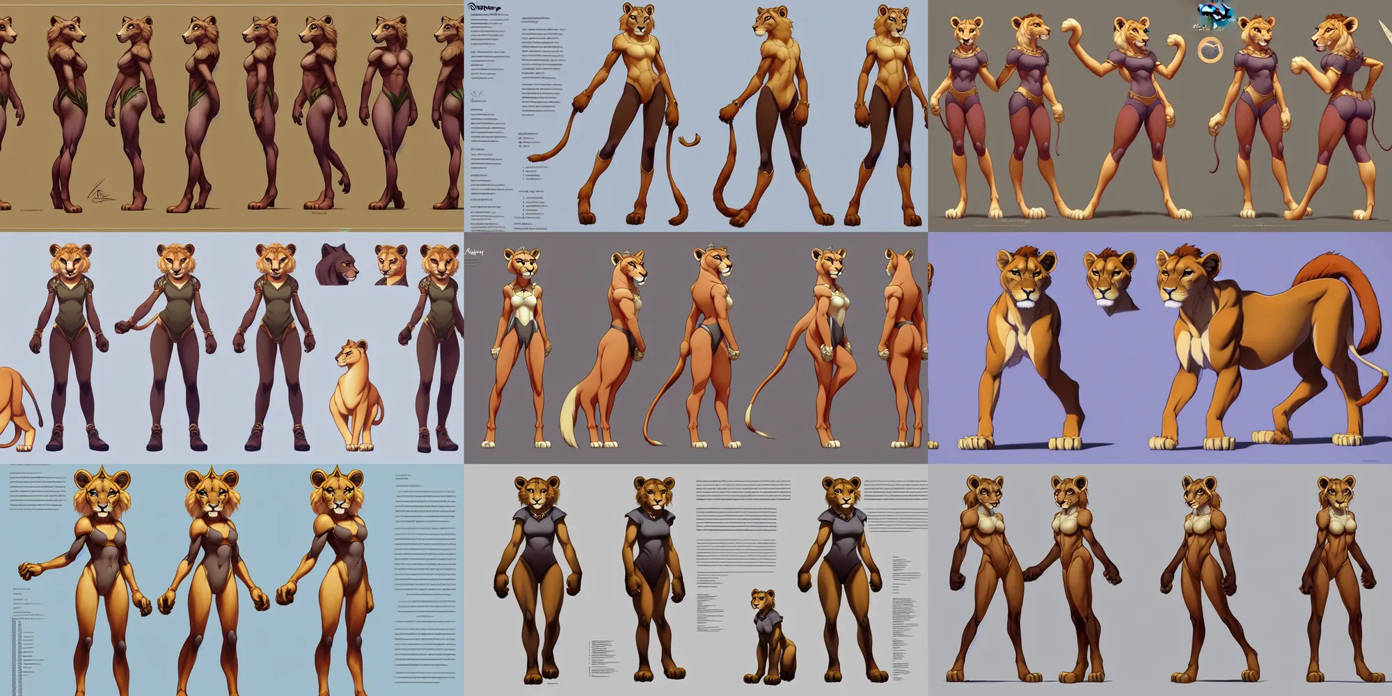 Prompt: beautiful full body portrait of a strong female anthropomorphic lioness fursona queen character reference sheet. character design by disney, anime, manga, charlie bowater, ross tran, artgerm, and makoto shinkai, detailed, soft lighting, rendered in octane