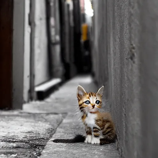 Prompt: a photograph of a kitten in an alley