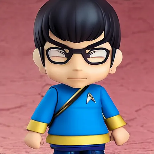 Prompt: spock from the tv series star trek as an anime nendoroid, serious look, pointed ears, spock haircut, detailed product photo